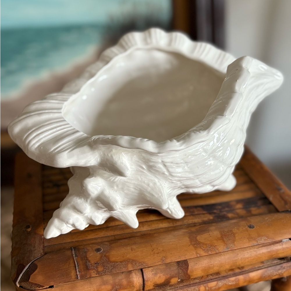 Vintage White Ceramic Conch Shell Planter